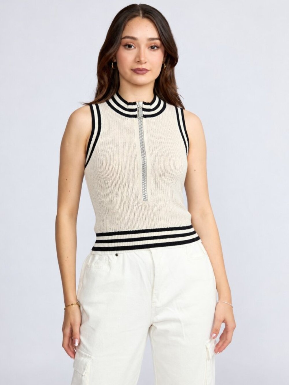 Women’s Half-Zip Sleeveless Knit Top, Contrast Trim Mock Neck